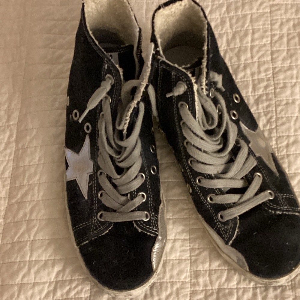 Golden Goose Black and Silver FRANCY high top Sneakers front with inside zippers